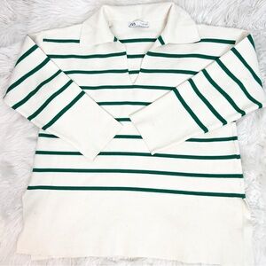 ZARA WHITE WITH GREEN STRIPE COLLARED PULLOVER BOXY SWEATER WOMENS LARGE